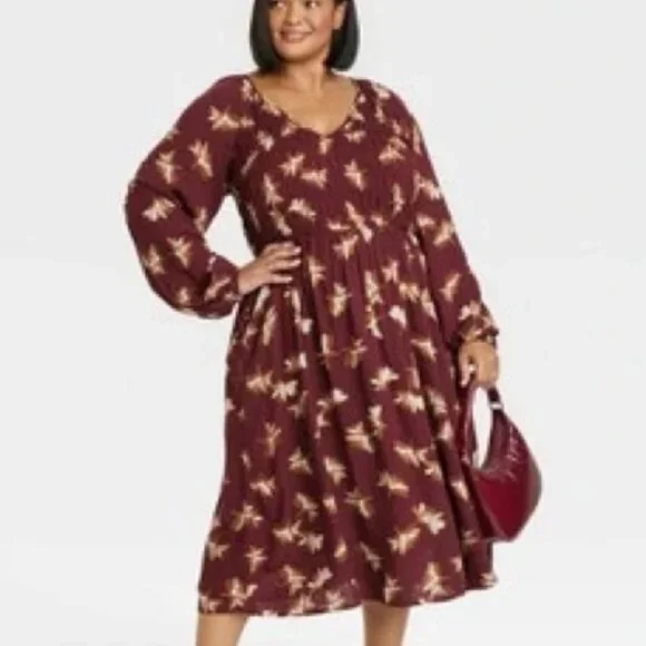 Ava & Viv Size 2X Dress Rust Brown SMOCKED FLORAL MIDI DRESS Long Sleeve V Neck - Picture 1 of 9